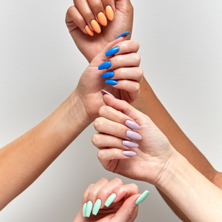 en Vogue Lac it! Do no Disturb punchy pastel orange crème, Poolside creamy, mid-toned cobalt blue, Unplugged soft pastel mauve-lilac crème and Off the clock cool-toned pastel lime-green crème UV/LED gel polish for professional nails and extensions. Shown on nails