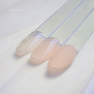 en Vogue Lac it! clarity UV/LED transluscent nude pink jelly polish for professional nails and extensions shown on swatch sticks