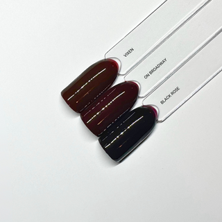 en Vogue Lac it! Black Rose, black cherry burgundy crème UV/LED gel polish for professional nails and extensions shown on nail swatch sticks with Vixen and On Broadway