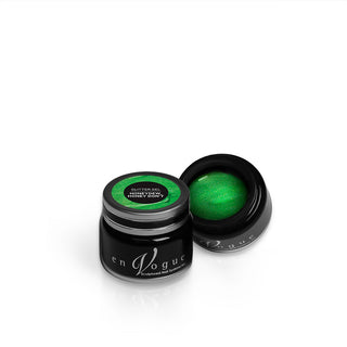 en Vogue honeydew-honey-don't lime green jelly base with iridescent micro-glitter gel polish for professional nails and extensions shown in container
