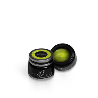 en Vogue lemon-drop yellow jelly base with iridescent micro-glitter gel polish for professional nails and extensions shown in container