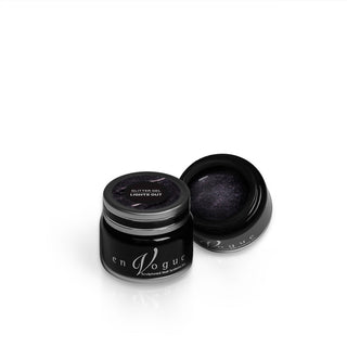 en Vogue lights-out black base full of gunmetal glitters. Glitter gel polish for professional nails and extensions shown in container