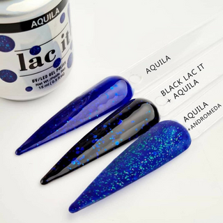 en Vogue Lac It! Aquila fine and medium blue glitters in a cobalt jelly base UV/LED gel nail polish nail swatches