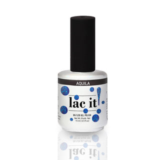 en Vogue Lac It! Aquila fine and medium blue glitters in a cobalt jelly base UV/LED gel nail polish bottle