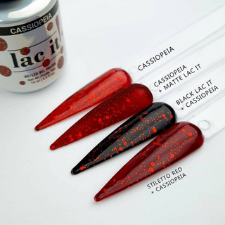 en Vogue Lac It! Cassiopeia chunky red glitters in a deep red jelly base UV/LED gel nail polish for professional nails on long point nail swatch sticks
