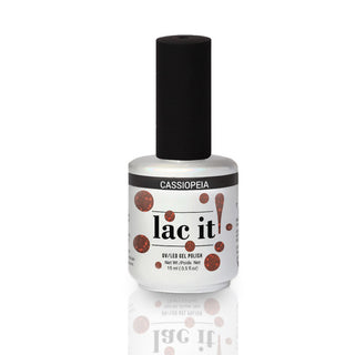 en Vogue Lac It! Cassiopeia chunky red glitters in a deep red jelly base UV/LED gel nail polish for professional nails and extensions bottle