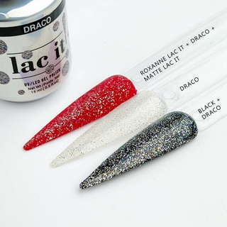 en Vogue Lac It! Draco mix of silver and holographic microglitters in clear base UV/LED gel nail polish for professional nails and extensions on long point nail swatch sticks