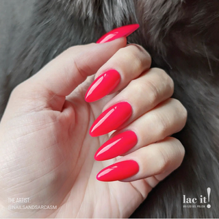 en Vogue Lac It! Dragon fruit bright, almost neon watermelon pink crème UV/LED gel nail polish for professional nails and extensions on long almond manicure