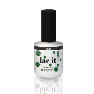 en Vogue Lac It! Holly deep green with a fine gold shimmer UV/LED gel nail polish for professional nails and extensions bottle