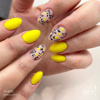 en Vogue Lac It! Lemonade bright primary yellow crème UV/LED gel nail polish for professional nails and extensions on sort almond manicure
