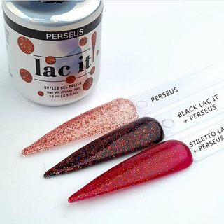 en Vogue Lac It! Perseus clear base with red and silver holographic microglitters UV/LED gel nail polish for professional nails and extensions on extra long stiletto nail watch sticks