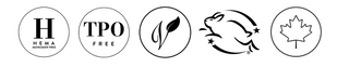 en vogue brand icons: hema monomer free, TPO free, vegan, leaping bunny, made in canada
